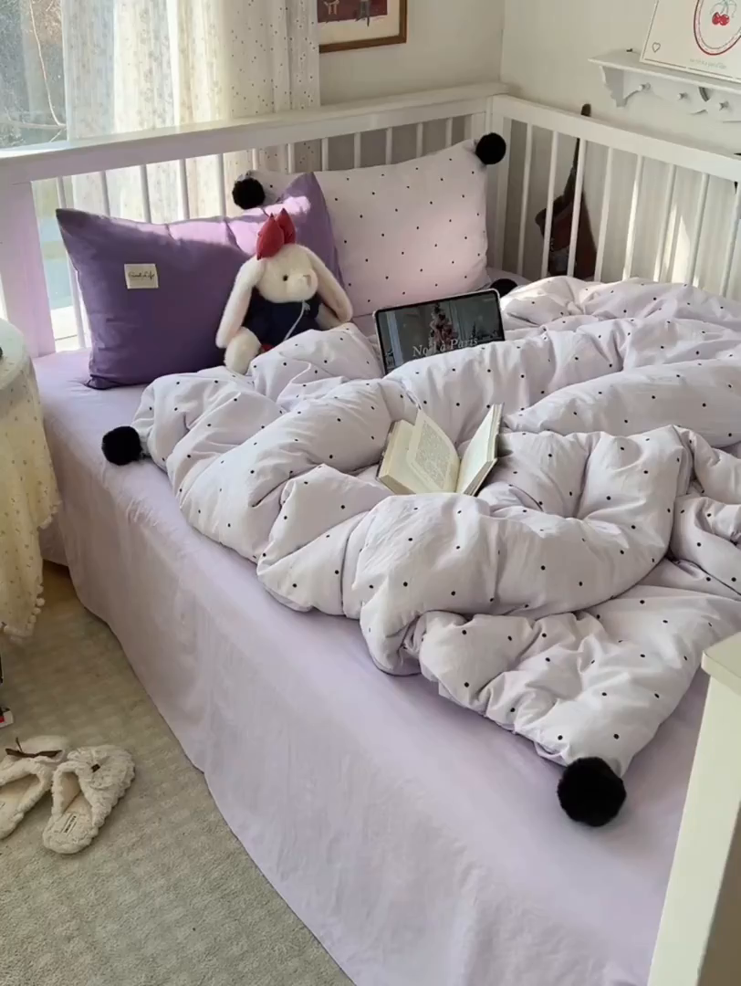 91家纺网 家纺一手货源 找家纺 （总）轻奢坊 2026新款水洗棉波点可拆卸毛球四件套