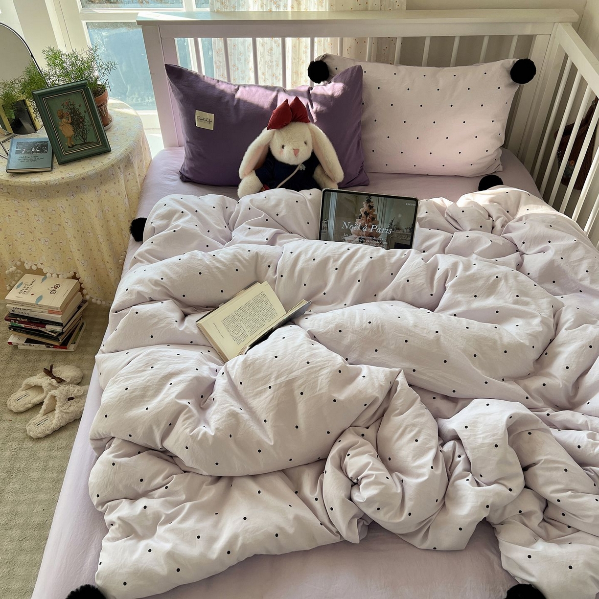 91家纺网 家纺一手货源 找家纺 （总）轻奢坊 2026新款水洗棉波点可拆卸毛球四件套