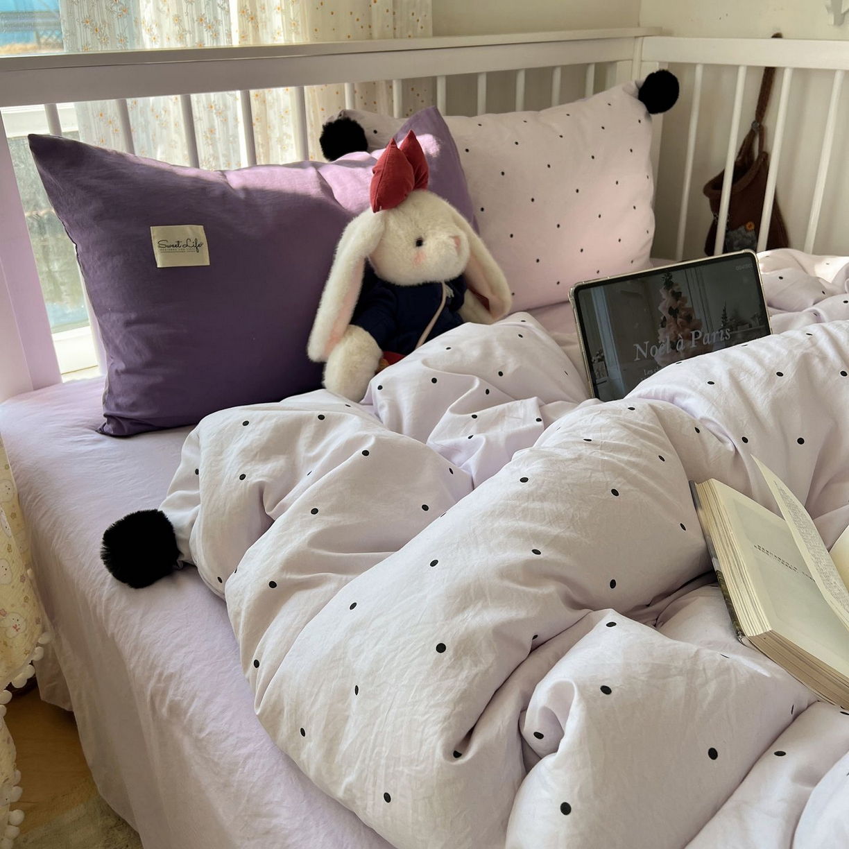 91家纺网 家纺一手货源 找家纺 （总）轻奢坊 2026新款水洗棉波点可拆卸毛球四件套