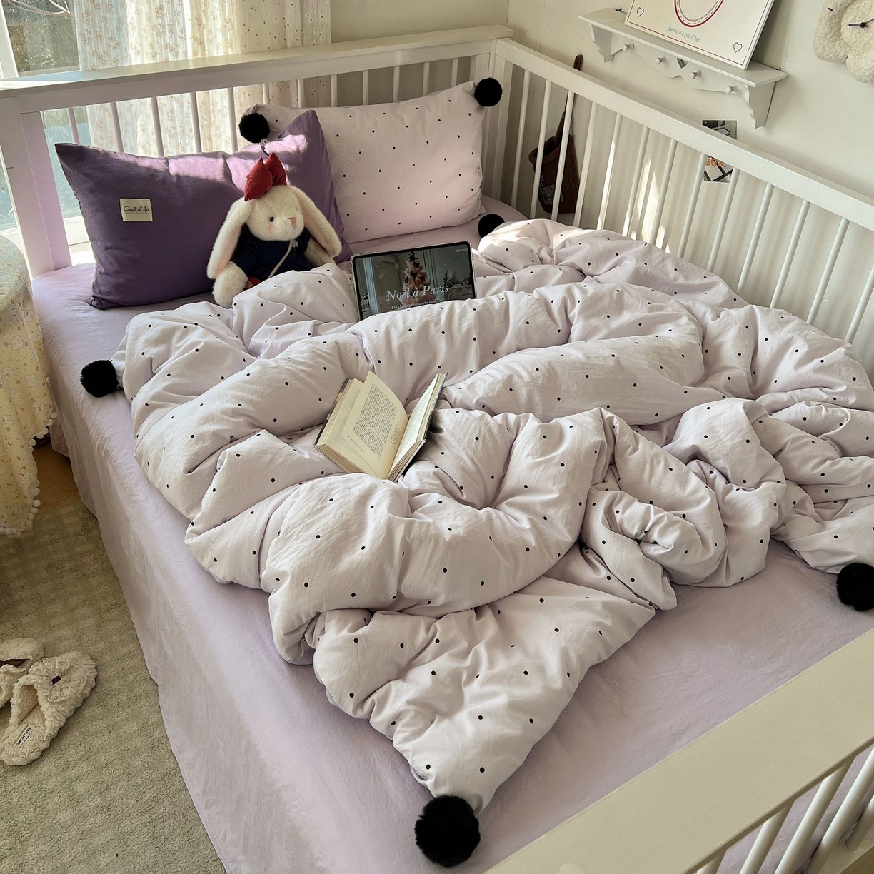 91家纺网 家纺一手货源 找家纺 （总）轻奢坊 2026新款水洗棉波点可拆卸毛球四件套