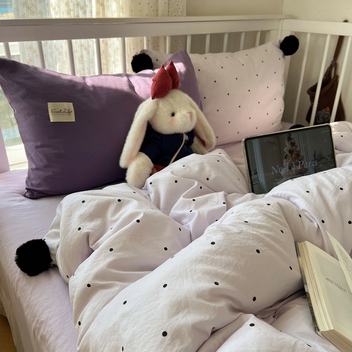 91家纺网 家纺一手货源 找家纺 （总）轻奢坊 2026新款水洗棉波点可拆卸毛球四件套