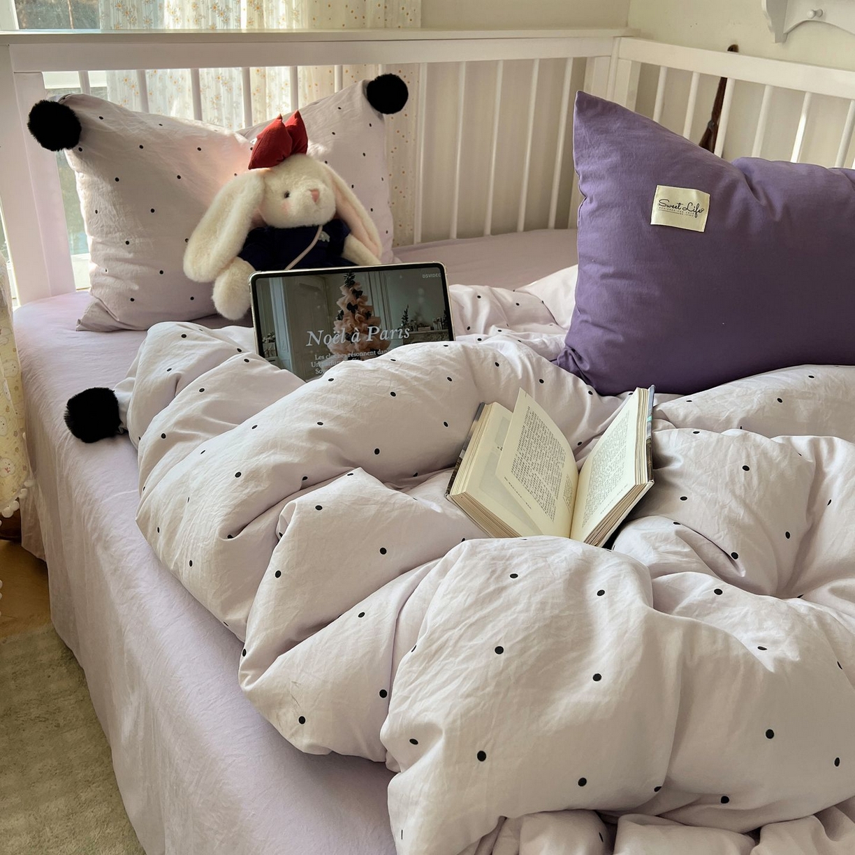 91家纺网 家纺一手货源 找家纺 （总）轻奢坊 2026新款水洗棉波点可拆卸毛球四件套