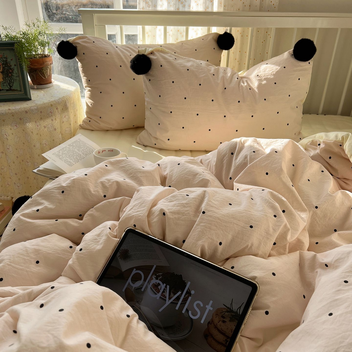 91家纺网 家纺一手货源 找家纺 （总）轻奢坊 2026新款水洗棉波点可拆卸毛球四件套