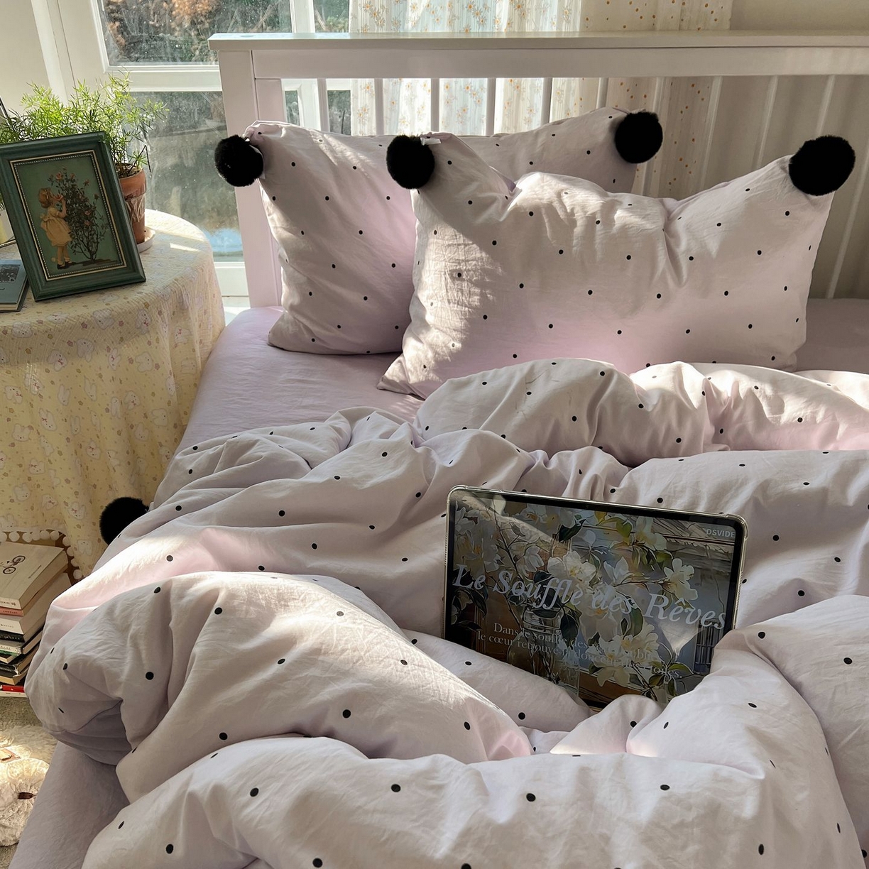 91家纺网 家纺一手货源 找家纺 （总）轻奢坊 2026新款水洗棉波点可拆卸毛球四件套