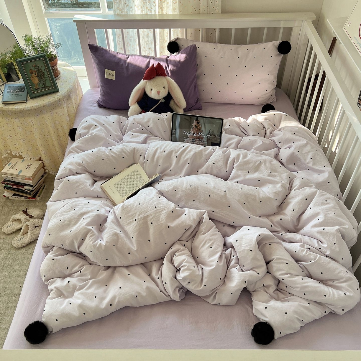 91家纺网 家纺一手货源 找家纺 轻奢坊 2026新款水洗棉波点可拆卸毛球四件套 紫波点-枕套混搭