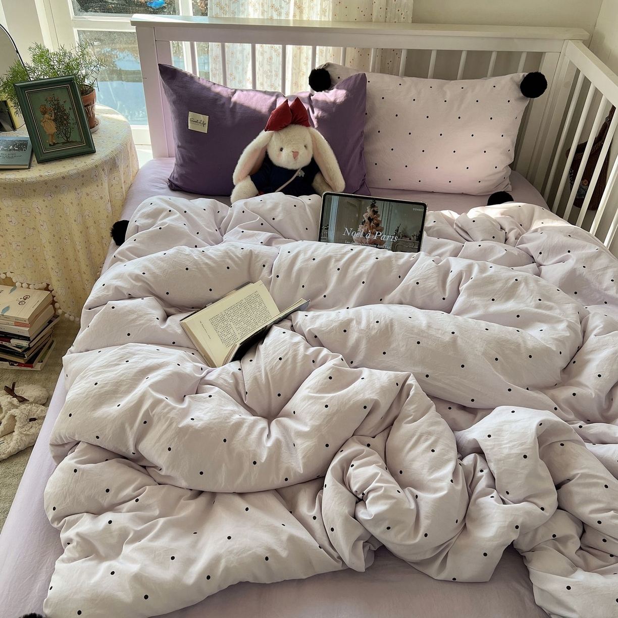 91家纺网 家纺一手货源 找家纺 轻奢坊 2026新款水洗棉波点可拆卸毛球四件套 紫波点-枕套混搭