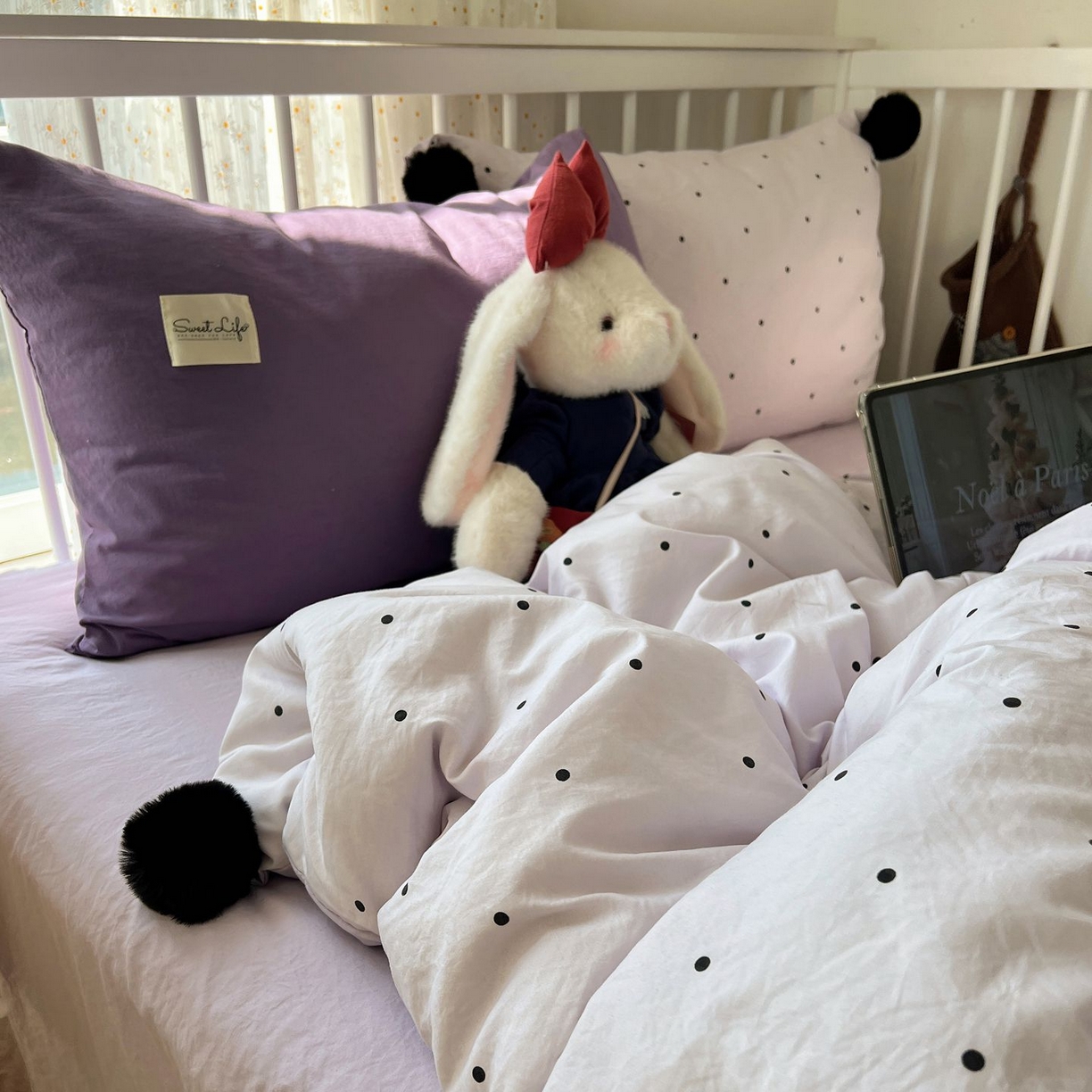 91家纺网 家纺一手货源 找家纺 轻奢坊 2026新款水洗棉波点可拆卸毛球四件套 紫波点-枕套混搭