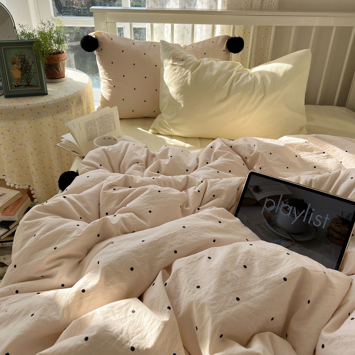 轻奢坊 2026新款水洗棉波点可拆卸毛球四件套 粉波点-枕套混搭