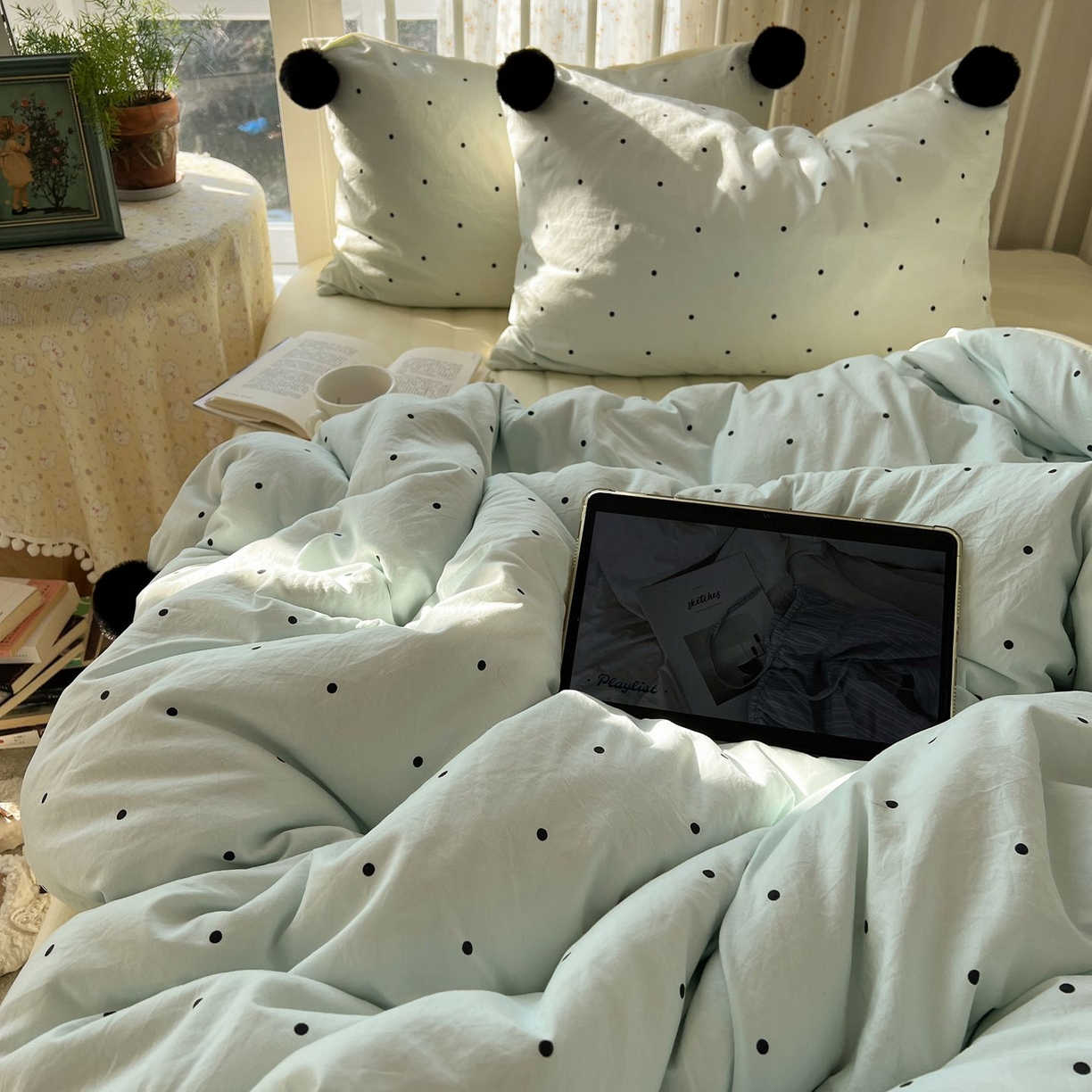 轻奢坊 2026新款水洗棉波点可拆卸毛球四件套 蓝波点-枕套波点