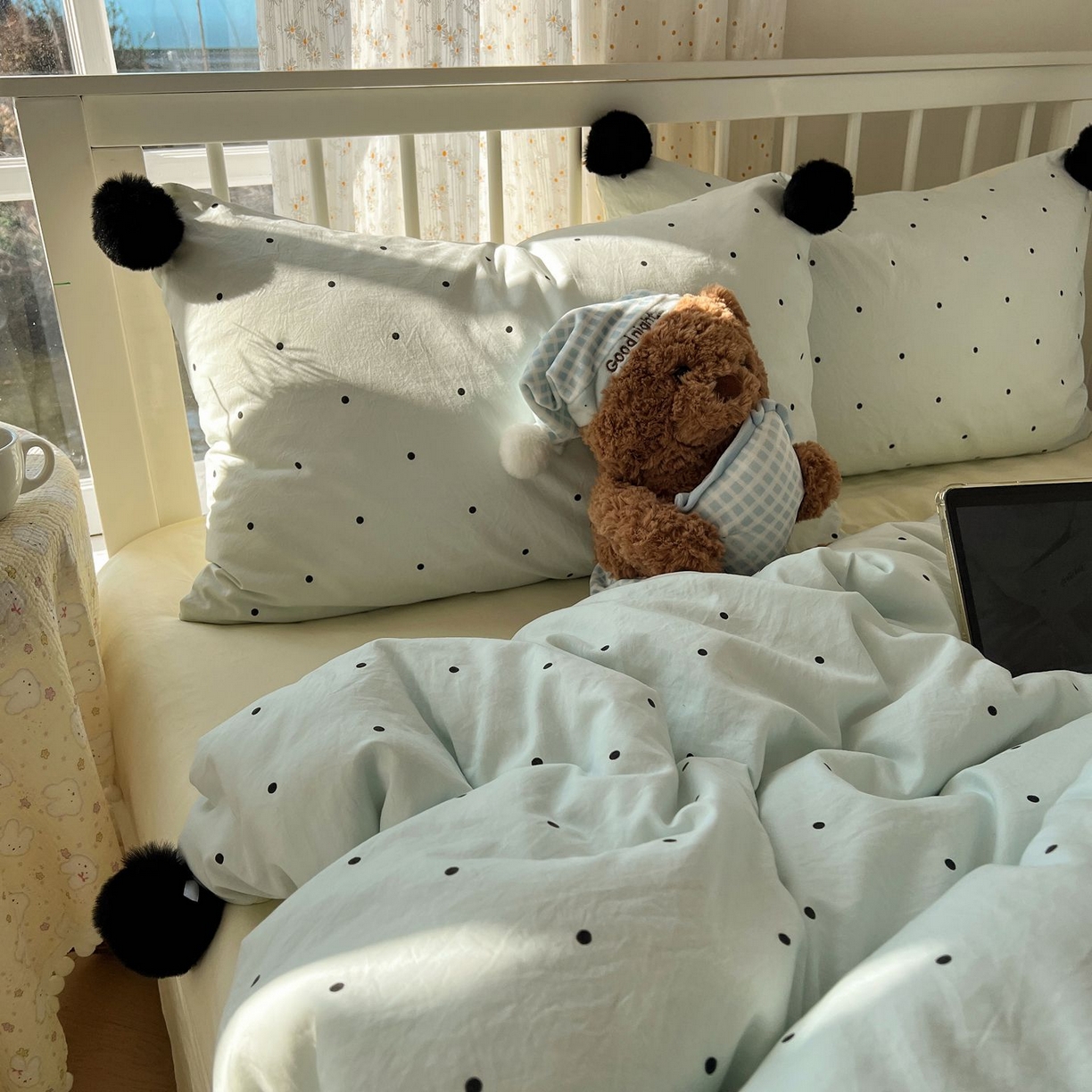 91家纺网 家纺一手货源 找家纺 轻奢坊 2026新款水洗棉波点可拆卸毛球四件套 蓝波点-枕套波点