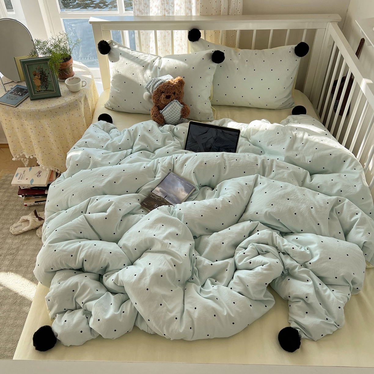 91家纺网 家纺一手货源 找家纺 轻奢坊 2026新款水洗棉波点可拆卸毛球四件套 蓝波点-枕套波点