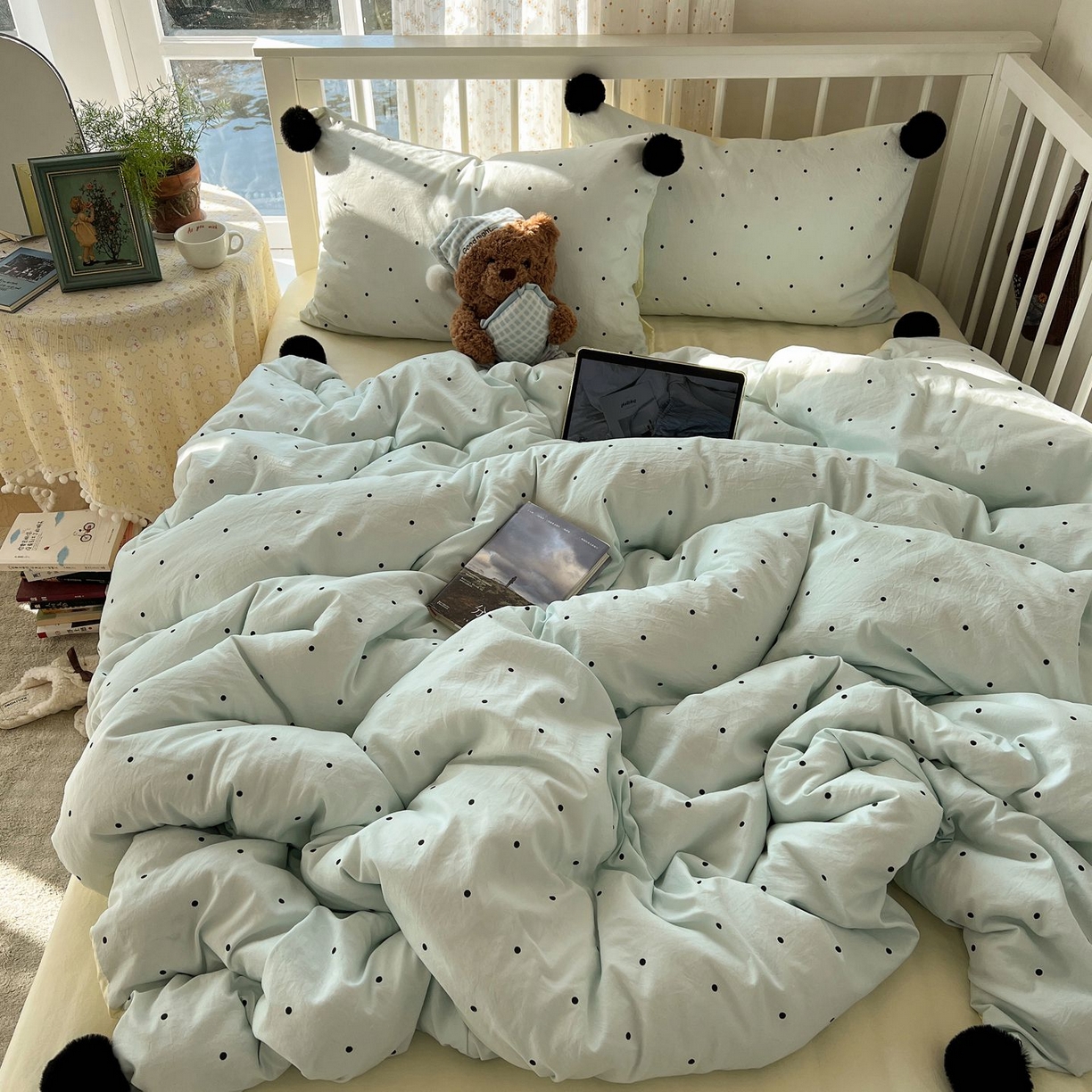 91家纺网 家纺一手货源 找家纺 轻奢坊 2026新款水洗棉波点可拆卸毛球四件套 蓝波点-枕套波点