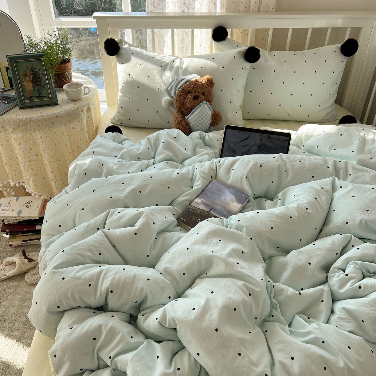 91家纺网 家纺一手货源 找家纺 轻奢坊 2026新款水洗棉波点可拆卸毛球四件套 蓝波点-枕套波点