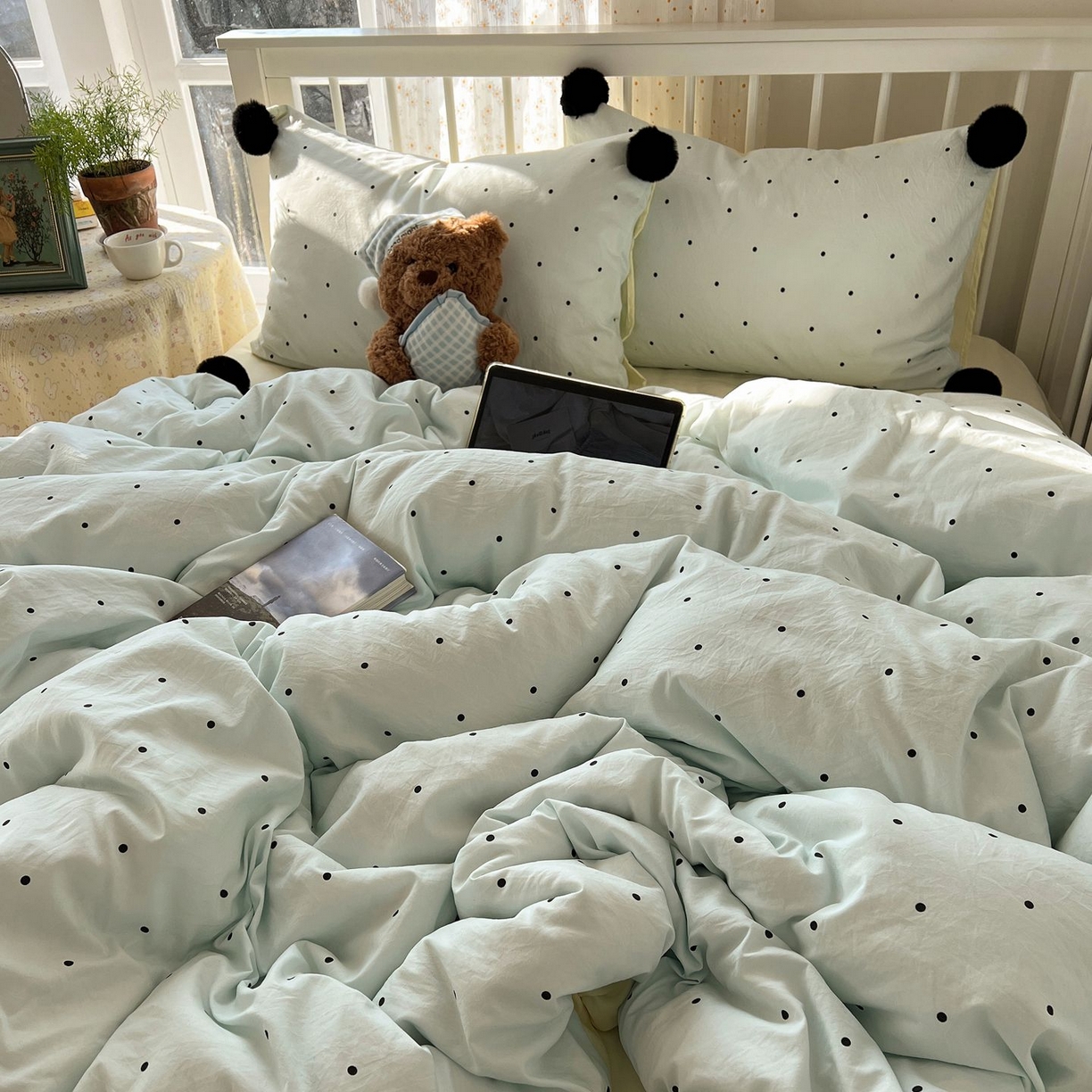 91家纺网 家纺一手货源 找家纺 轻奢坊 2026新款水洗棉波点可拆卸毛球四件套 蓝波点-枕套波点