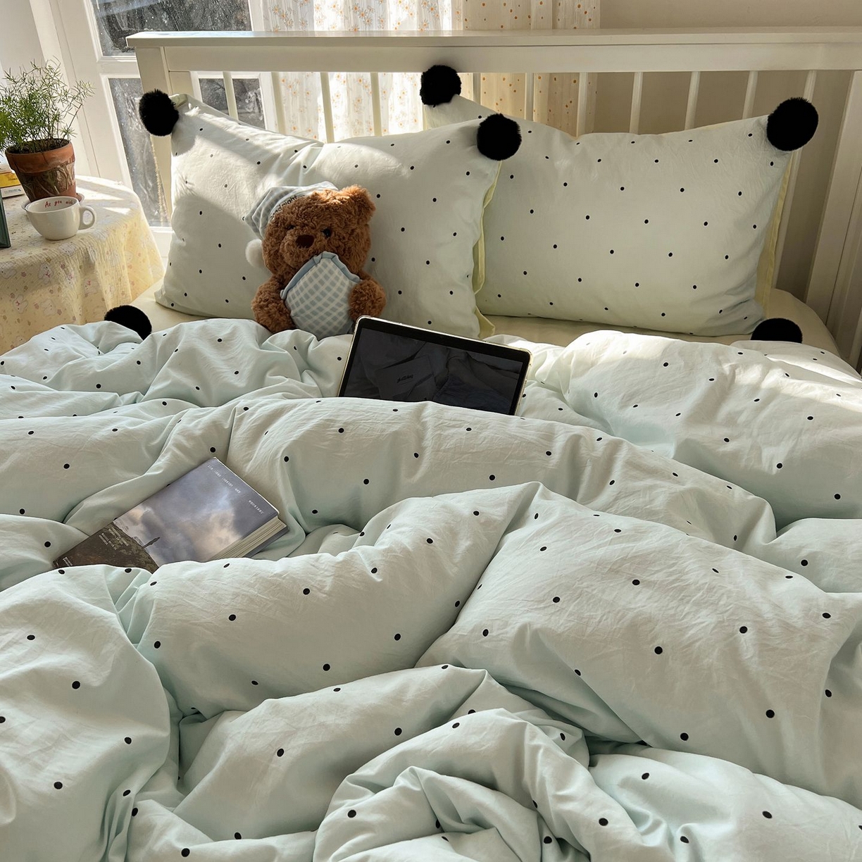 91家纺网 家纺一手货源 找家纺 轻奢坊 2026新款水洗棉波点可拆卸毛球四件套 蓝波点-枕套波点