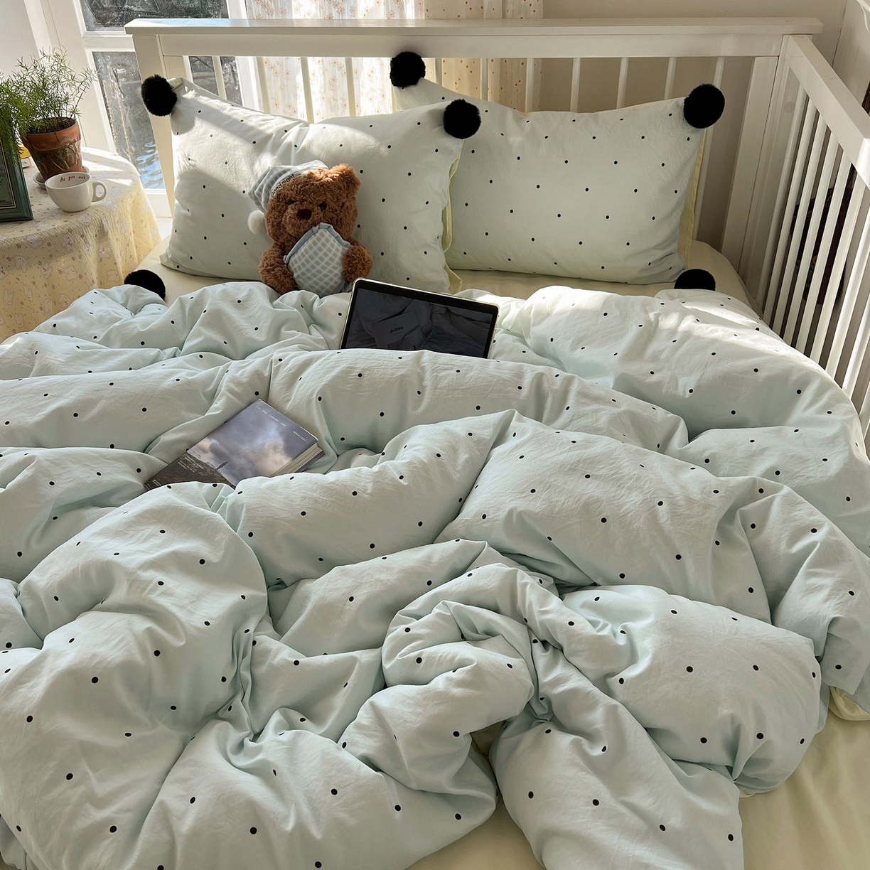 91家纺网 家纺一手货源 找家纺 轻奢坊 2026新款水洗棉波点可拆卸毛球四件套 蓝波点-枕套波点