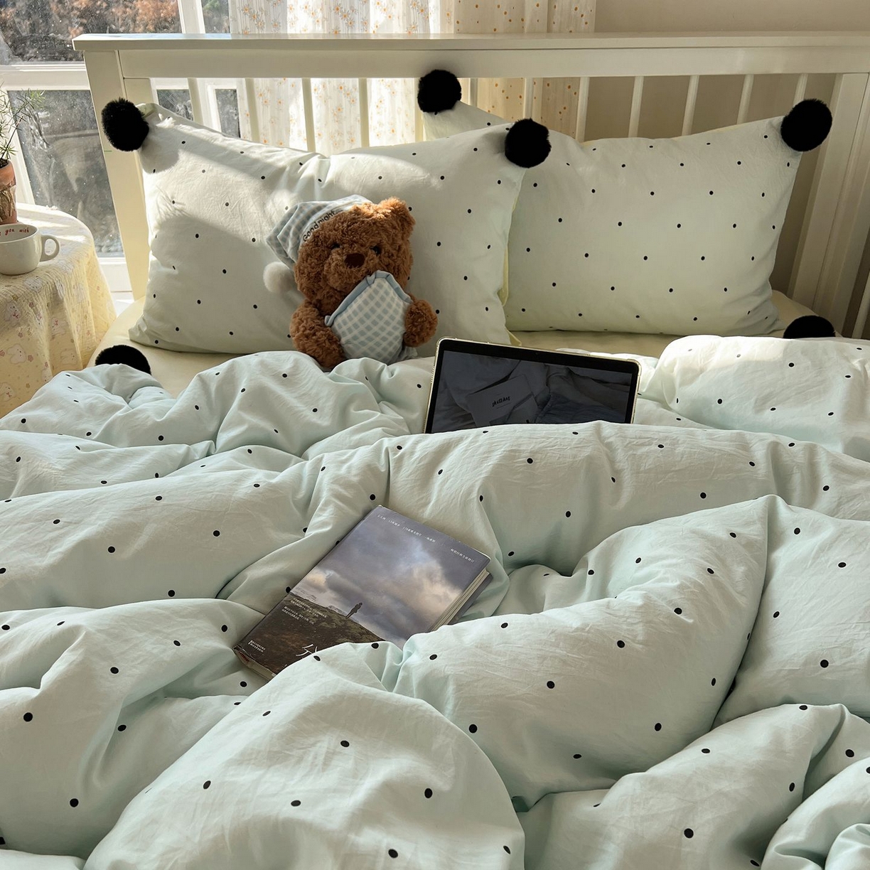 91家纺网 家纺一手货源 找家纺 轻奢坊 2026新款水洗棉波点可拆卸毛球四件套 蓝波点-枕套波点