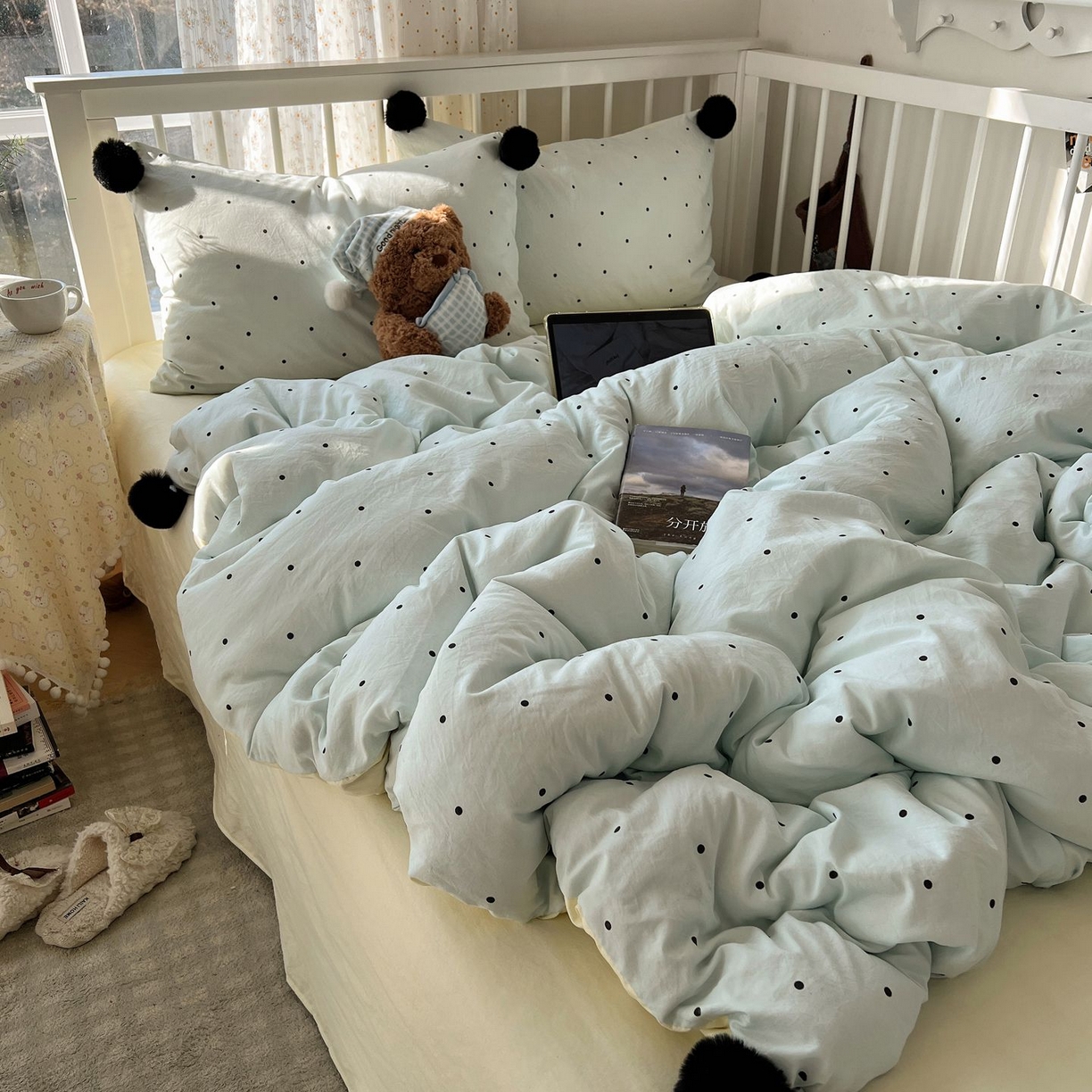 91家纺网 家纺一手货源 找家纺 轻奢坊 2026新款水洗棉波点可拆卸毛球四件套 蓝波点-枕套波点