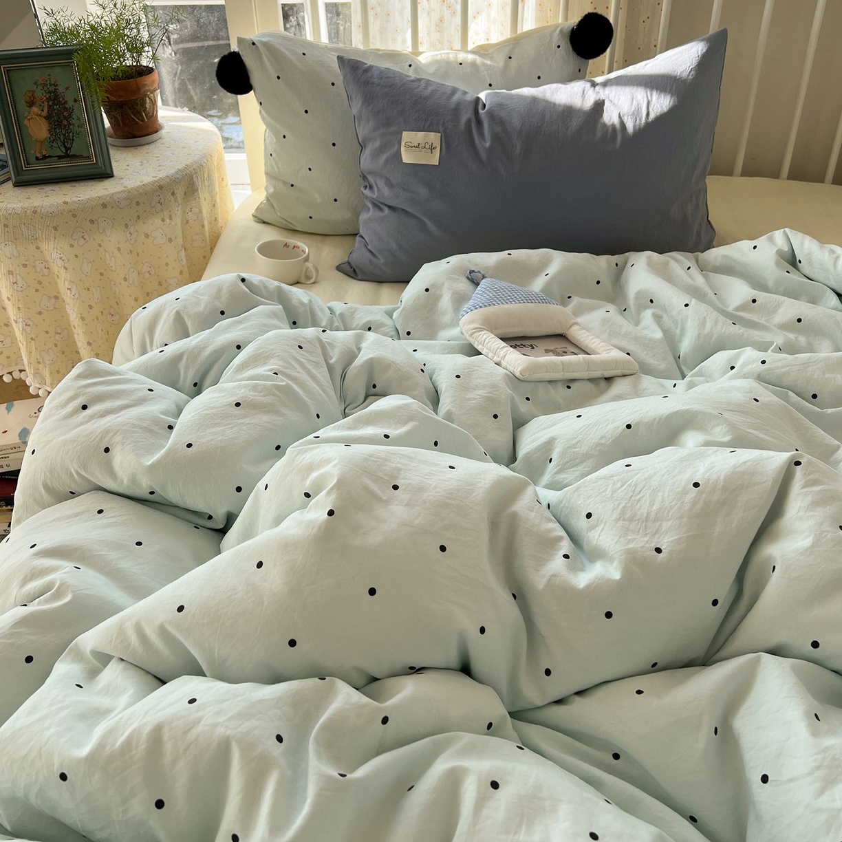 轻奢坊 2026新款水洗棉波点可拆卸毛球四件套 蓝波点-枕套混搭