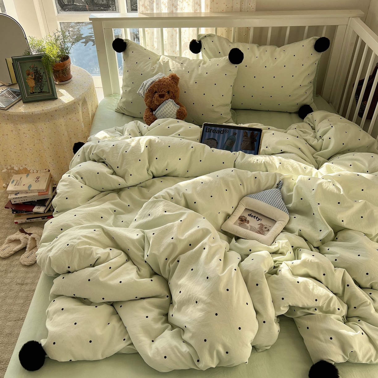 91家纺网 家纺一手货源 找家纺 轻奢坊 2026新款水洗棉波点可拆卸毛球四件套 绿波点-枕套波点