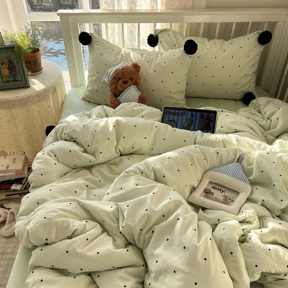 91家纺网 家纺一手货源 找家纺 轻奢坊 2026新款水洗棉波点可拆卸毛球四件套 绿波点-枕套波点