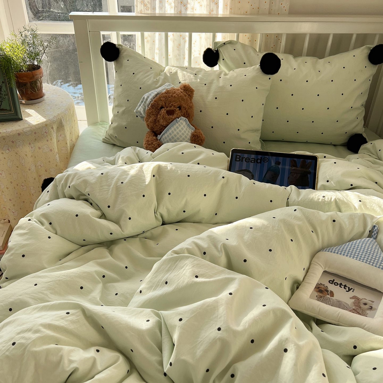 91家纺网 家纺一手货源 找家纺 轻奢坊 2026新款水洗棉波点可拆卸毛球四件套 绿波点-枕套波点