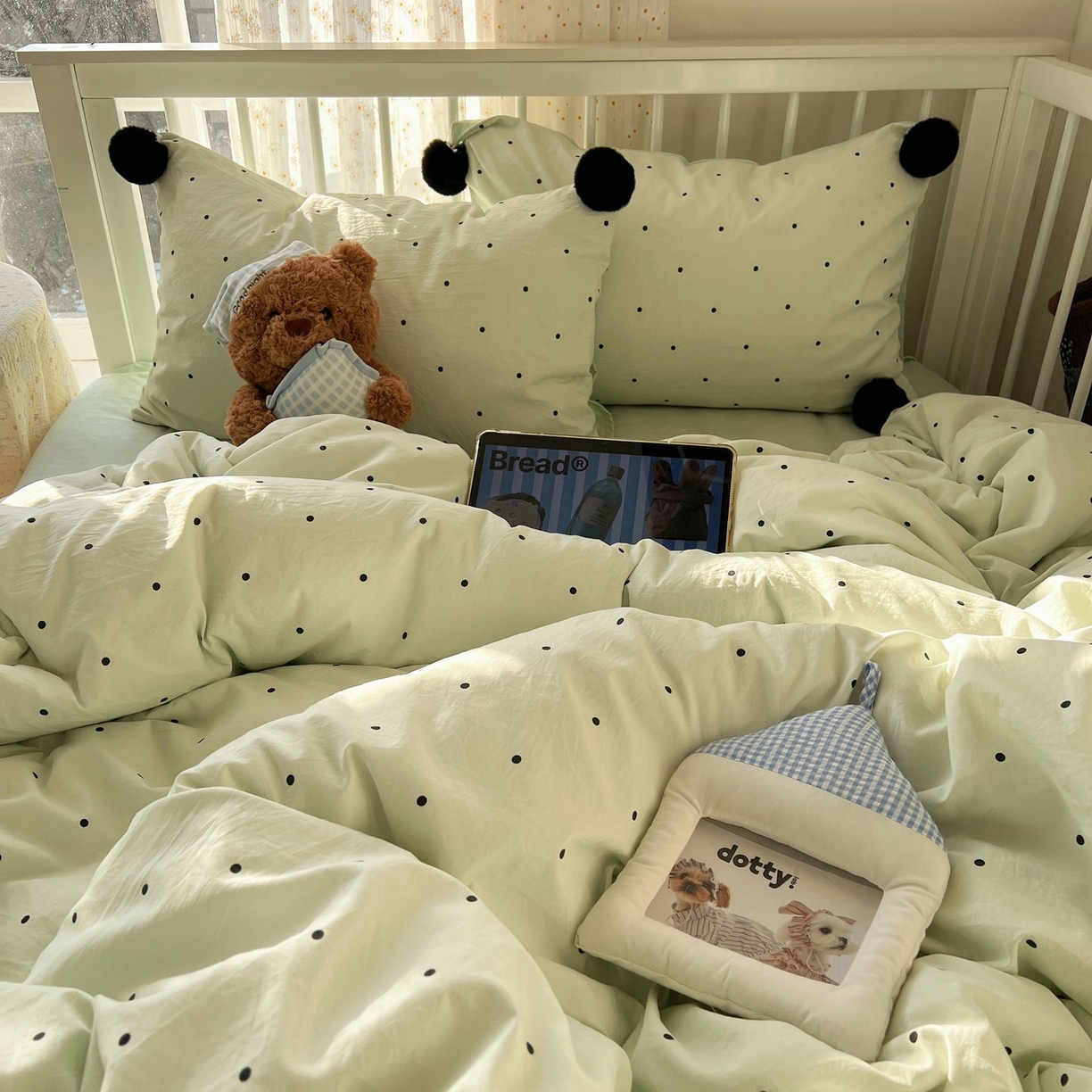 91家纺网 家纺一手货源 找家纺 轻奢坊 2026新款水洗棉波点可拆卸毛球四件套 绿波点-枕套波点