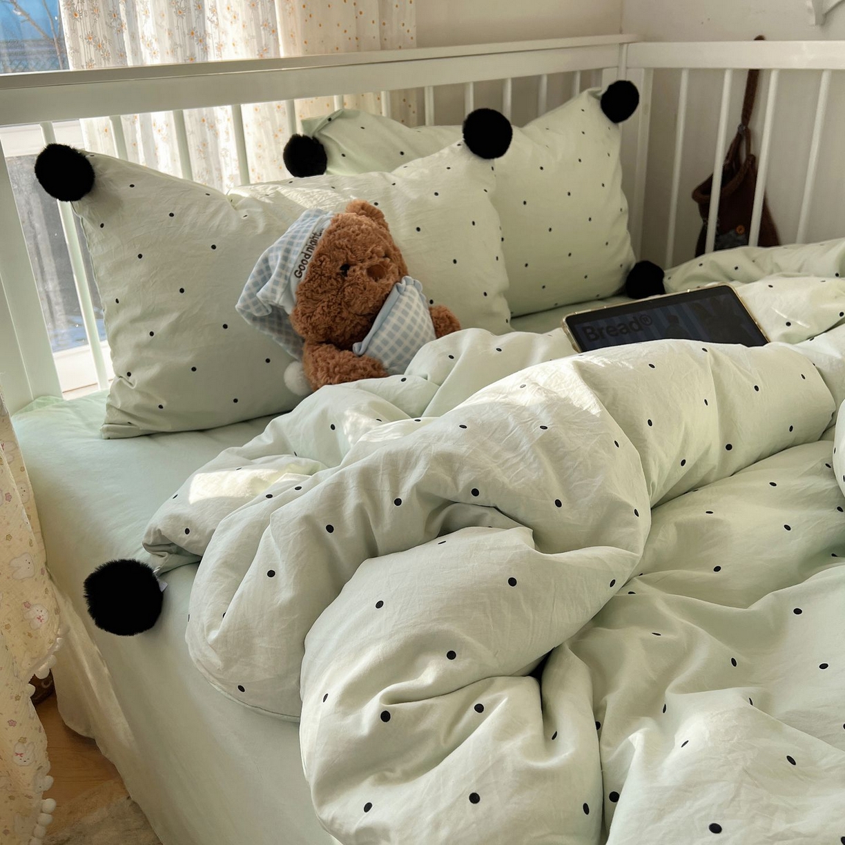 91家纺网 家纺一手货源 找家纺 轻奢坊 2026新款水洗棉波点可拆卸毛球四件套 绿波点-枕套波点