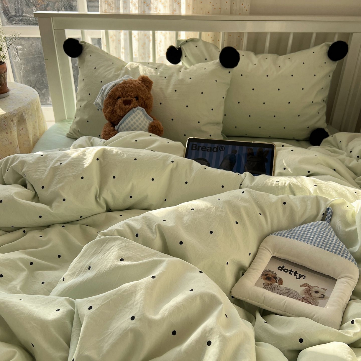 91家纺网 家纺一手货源 找家纺 轻奢坊 2026新款水洗棉波点可拆卸毛球四件套 绿波点-枕套波点