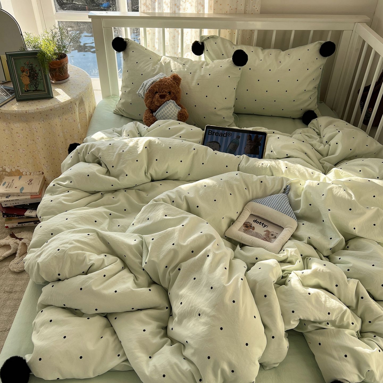 91家纺网 家纺一手货源 找家纺 轻奢坊 2026新款水洗棉波点可拆卸毛球四件套 绿波点-枕套波点