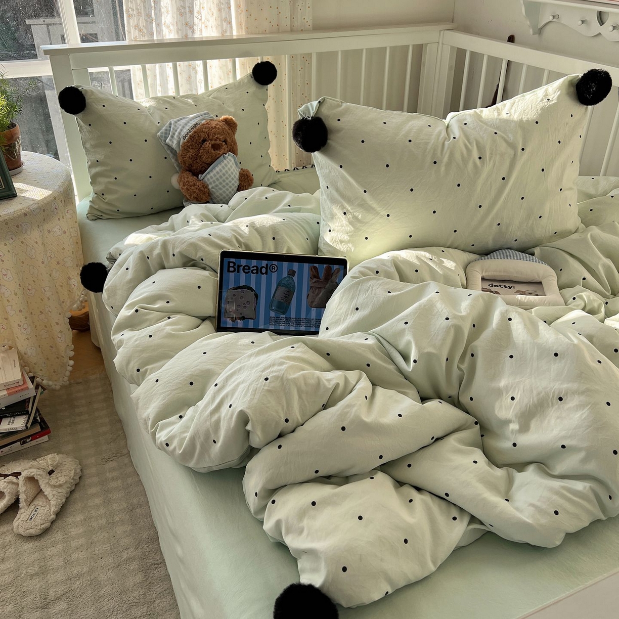 91家纺网 家纺一手货源 找家纺 轻奢坊 2026新款水洗棉波点可拆卸毛球四件套 绿波点-枕套波点