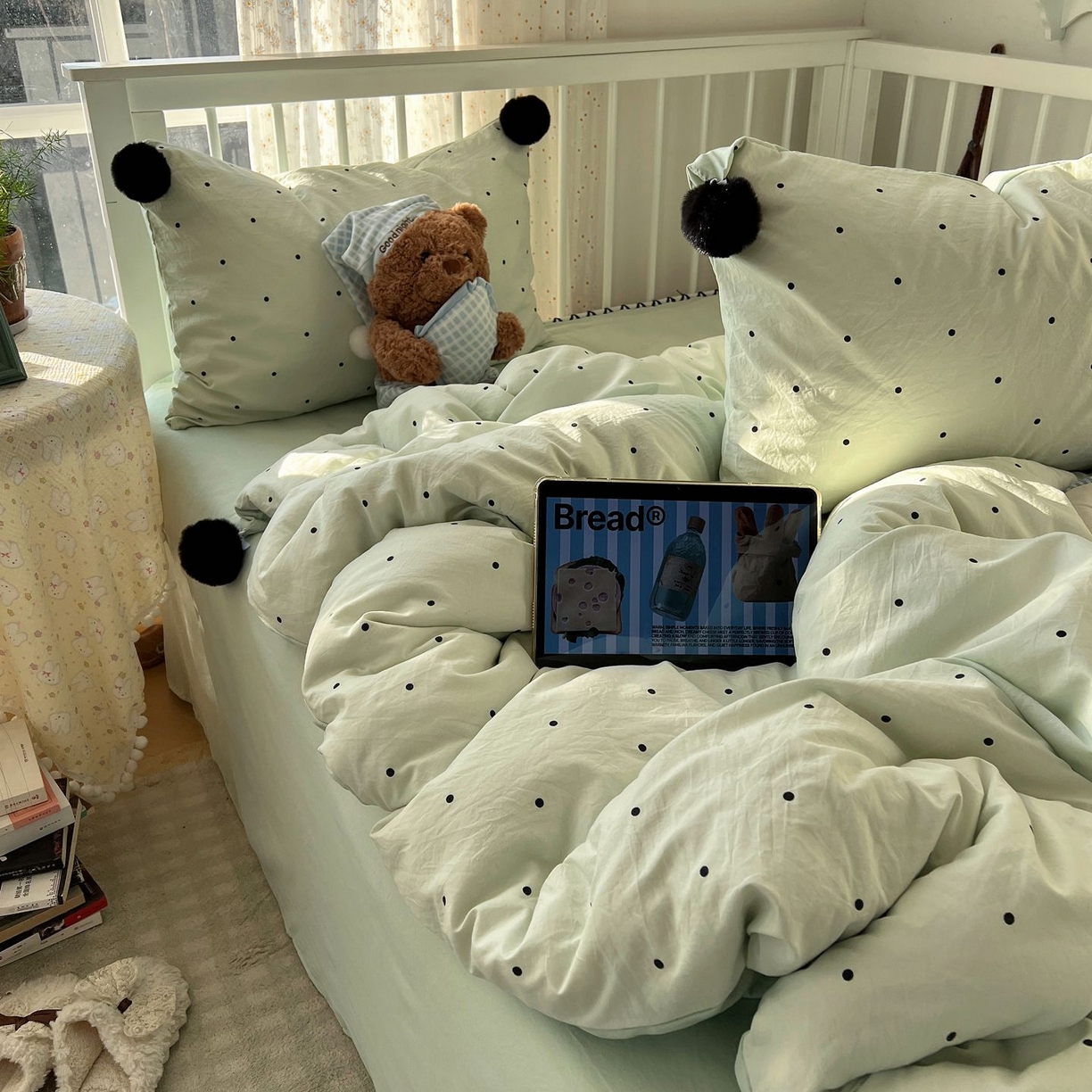 91家纺网 家纺一手货源 找家纺 轻奢坊 2026新款水洗棉波点可拆卸毛球四件套 绿波点-枕套波点