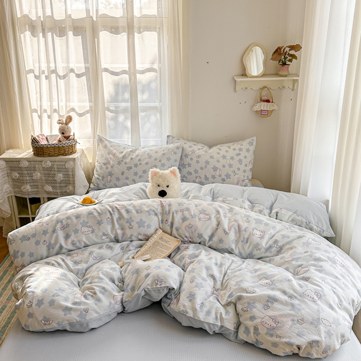 91家纺网 家纺一手货源 找家纺 宏源家纺 2026新款云感提花双层纱四件套 蓝色奶猫