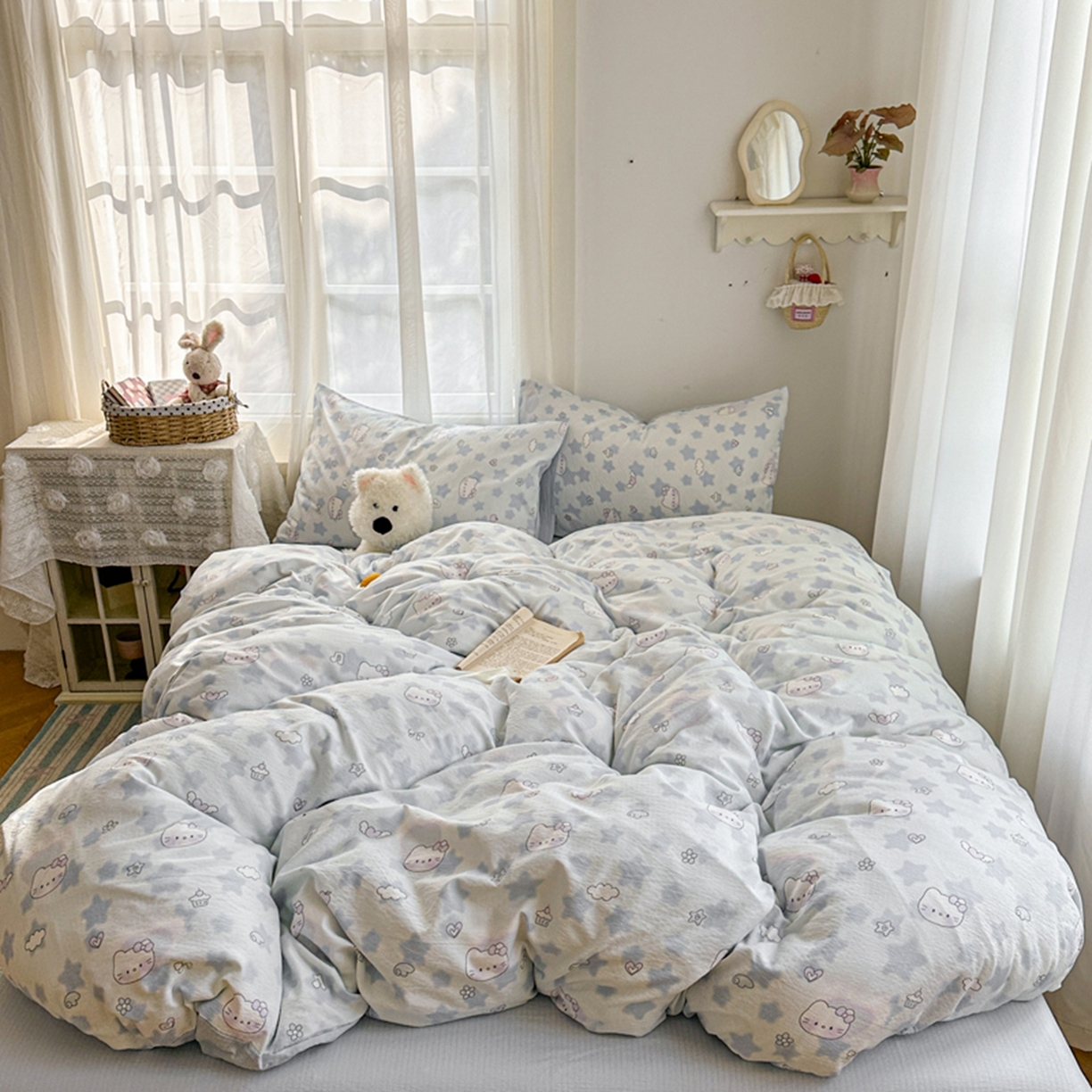 91家纺网 家纺一手货源 找家纺 宏源家纺 2026新款云感提花双层纱四件套 蓝色奶猫