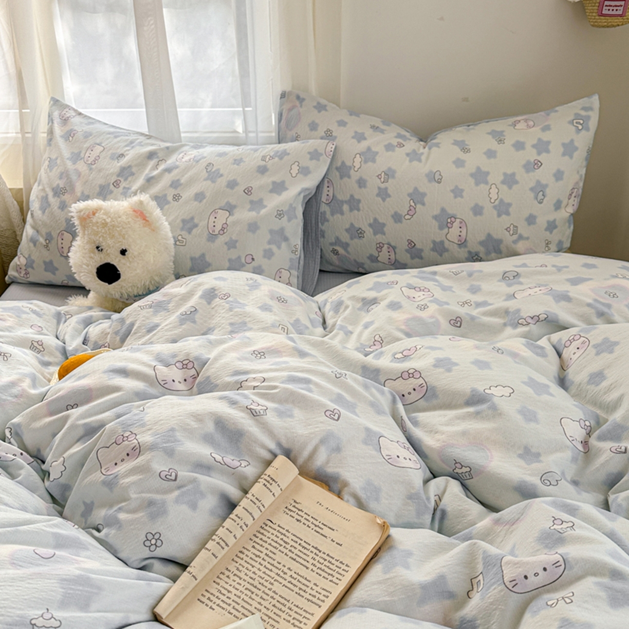 91家纺网 家纺一手货源 找家纺 宏源家纺 2026新款云感提花双层纱四件套 蓝色奶猫