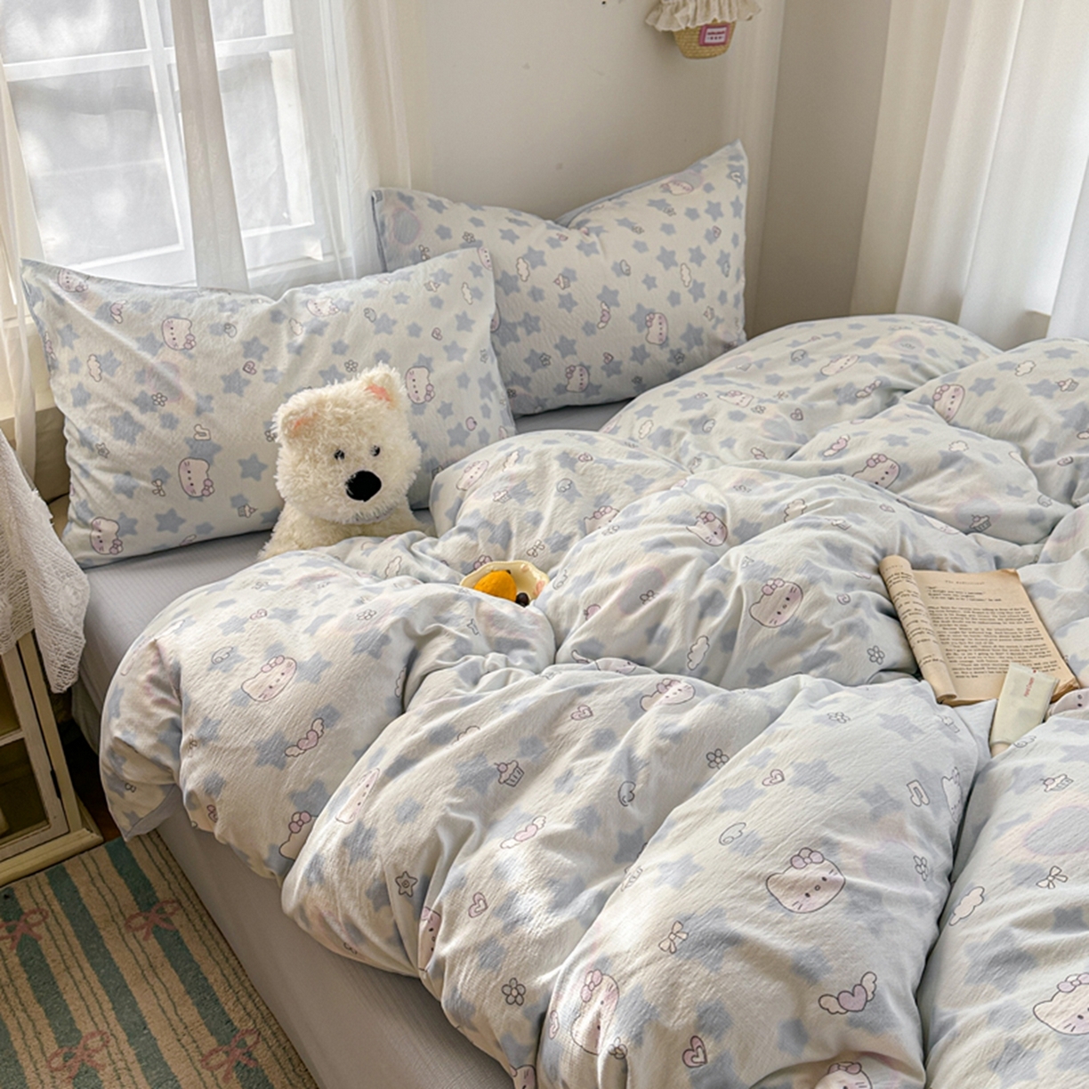 91家纺网 家纺一手货源 找家纺 宏源家纺 2026新款云感提花双层纱四件套 蓝色奶猫