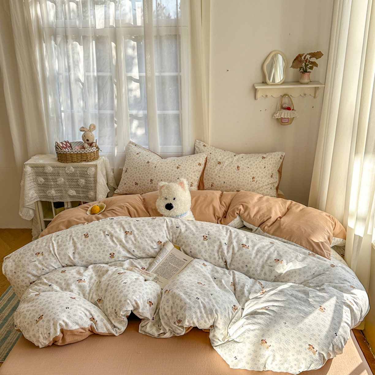 91家纺网 家纺一手货源 找家纺 宏源家纺 2026新款云感提花双层纱四件套 碎花狗