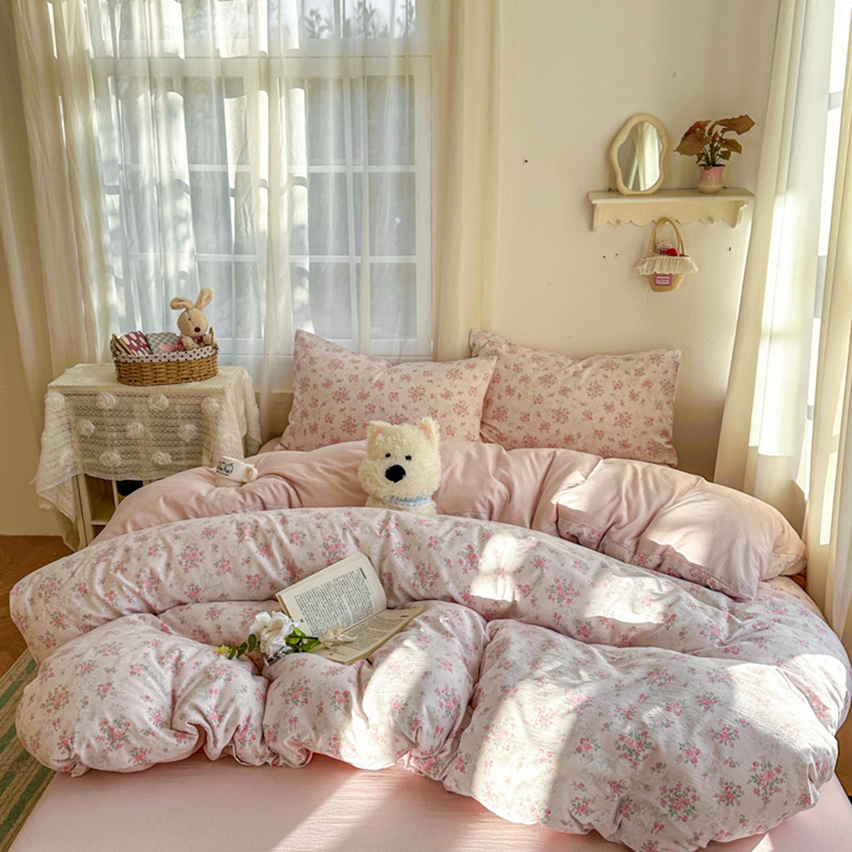 91家纺网 家纺一手货源 找家纺 宏源家纺 2026新款云感提花双层纱四件套 春天里