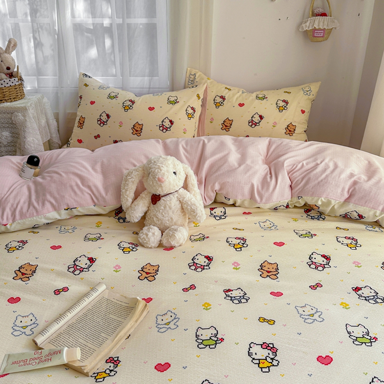 91家纺网 家纺一手货源 找家纺 宏源家纺 2026新款云感提花双层纱四件套 彩色小猫