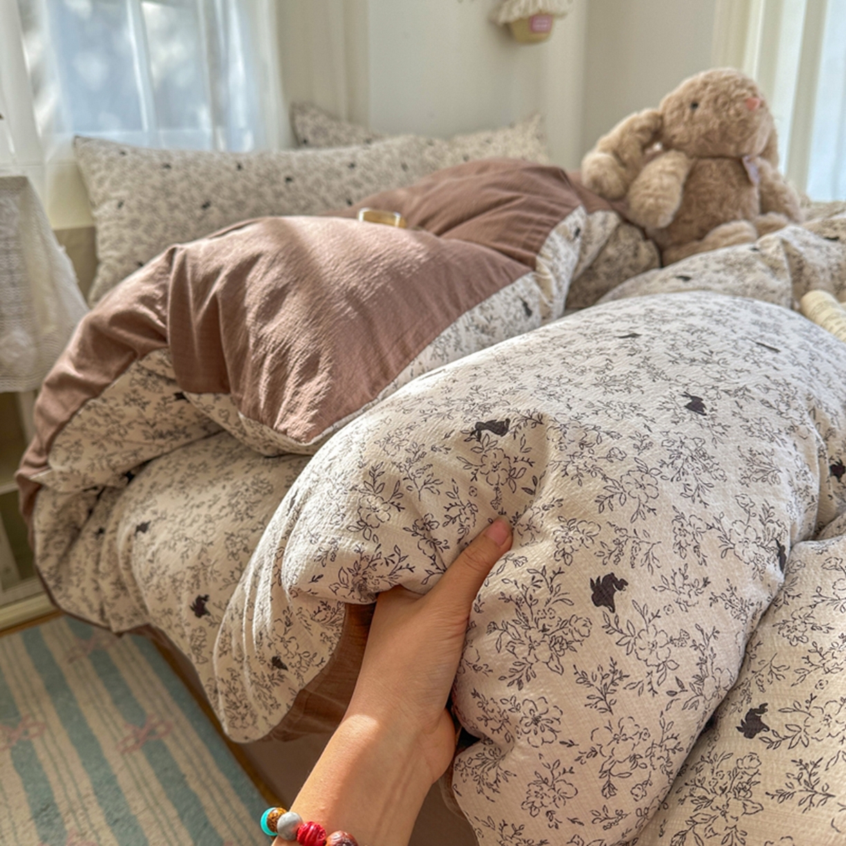 宏源家纺 2026新款云感提花双层纱四件套 森林小兔