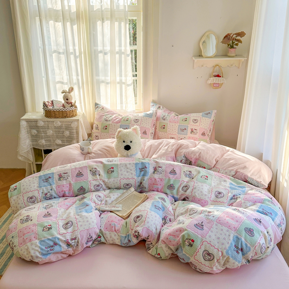 91家纺网 家纺一手货源 找家纺 宏源家纺 2026新款云感提花双层纱四件套 甜心方格