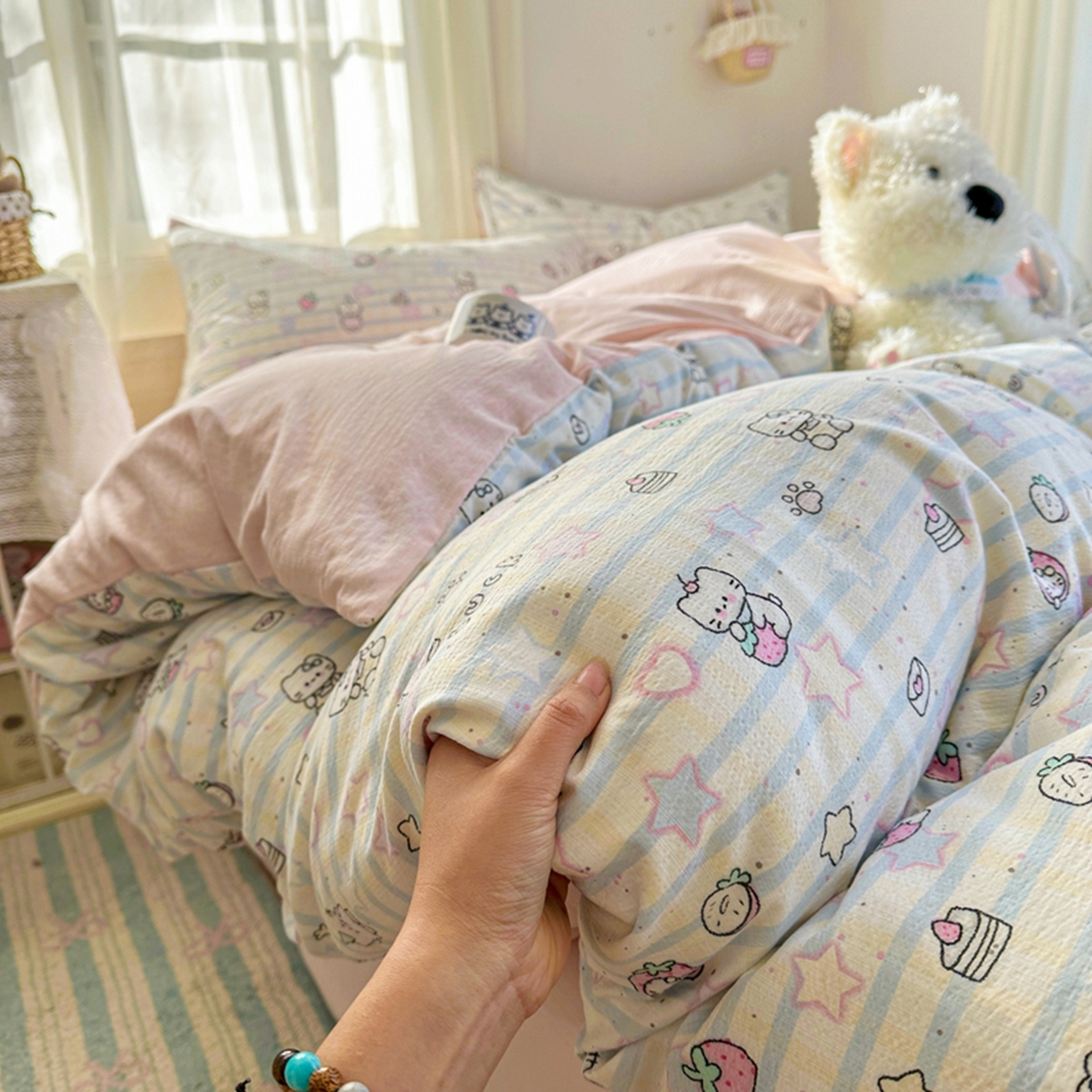 宏源家纺 2026新款云感提花双层纱四件套 星星猫