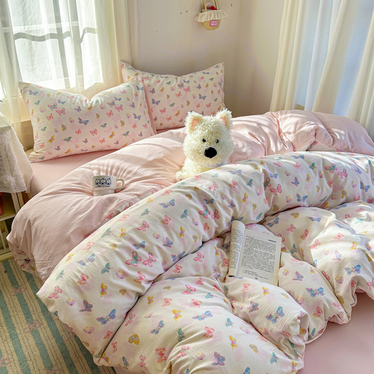 91家纺网 家纺一手货源 找家纺 宏源家纺 2026新款云感提花双层纱四件套 缤纷蝴蝶