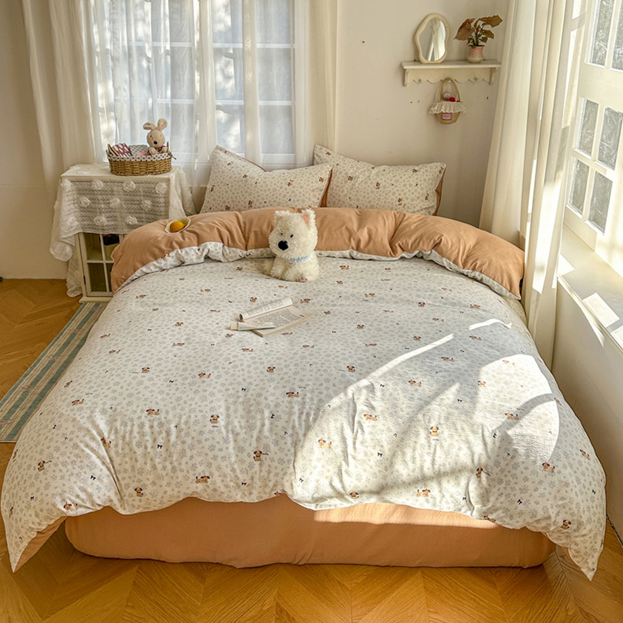 91家纺网 家纺一手货源 找家纺 宏源家纺 2026新款云感提花双层纱四件套 碎花狗