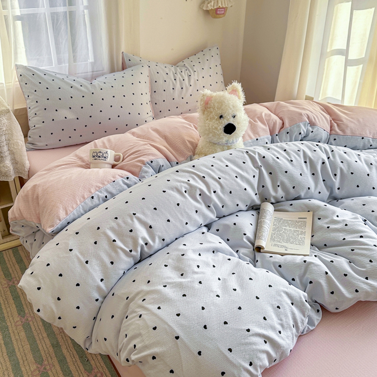 91家纺网 家纺一手货源 找家纺 宏源家纺 2026新款云感提花双层纱四件套 蓝心