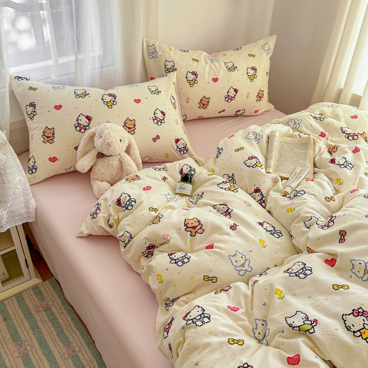 91家纺网 家纺一手货源 找家纺 宏源家纺 2026新款云感提花双层纱四件套 彩色小猫