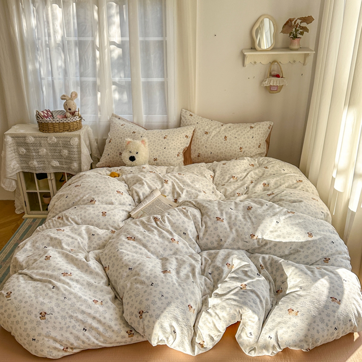 91家纺网 家纺一手货源 找家纺 宏源家纺 2026新款云感提花双层纱四件套 碎花狗