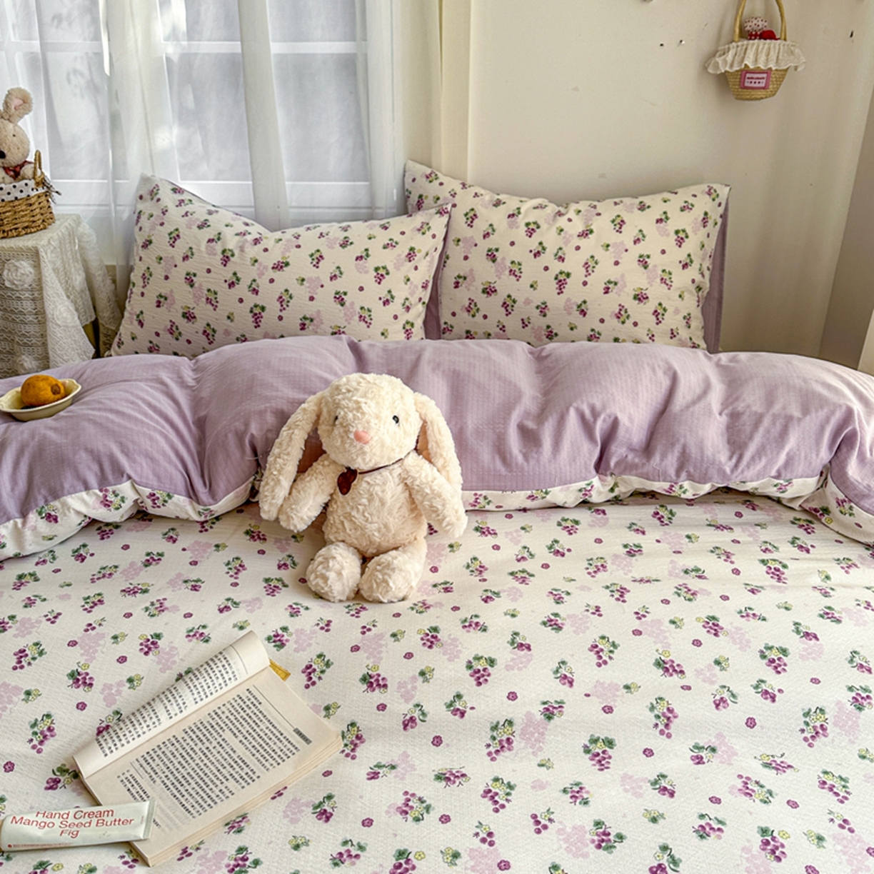 91家纺网 家纺一手货源 找家纺 宏源家纺 2026新款云感提花双层纱四件套 紫葡萄