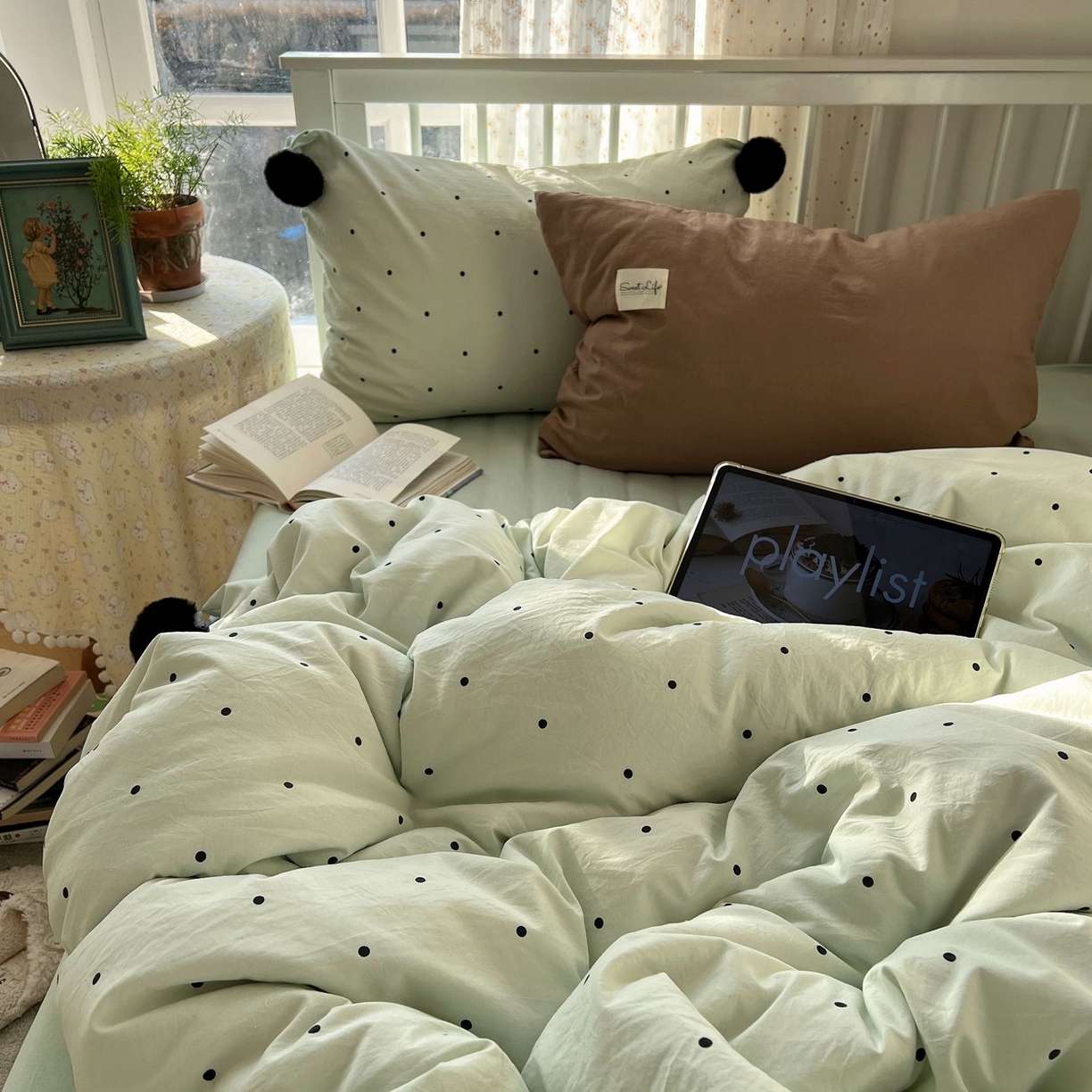 轻奢坊 2026新款水洗棉波点可拆卸毛球四件套 绿波点-枕套混搭
