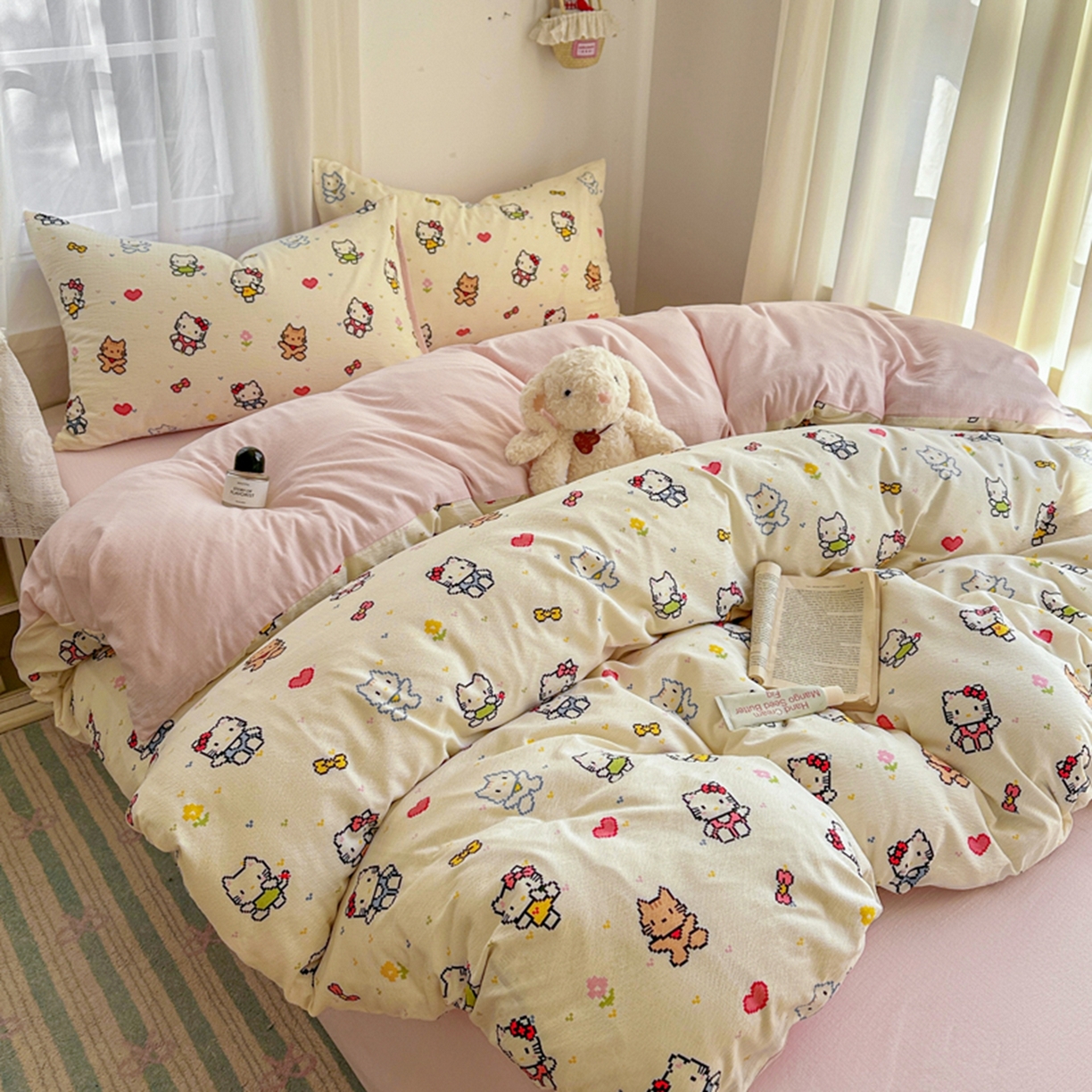 91家纺网 家纺一手货源 找家纺 宏源家纺 2026新款云感提花双层纱四件套 彩色小猫